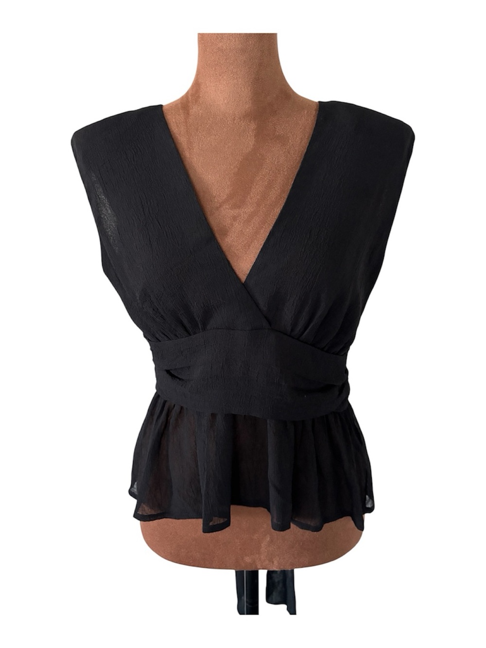 Ro & De Black Open Back Tie Waist Peplum Top XS